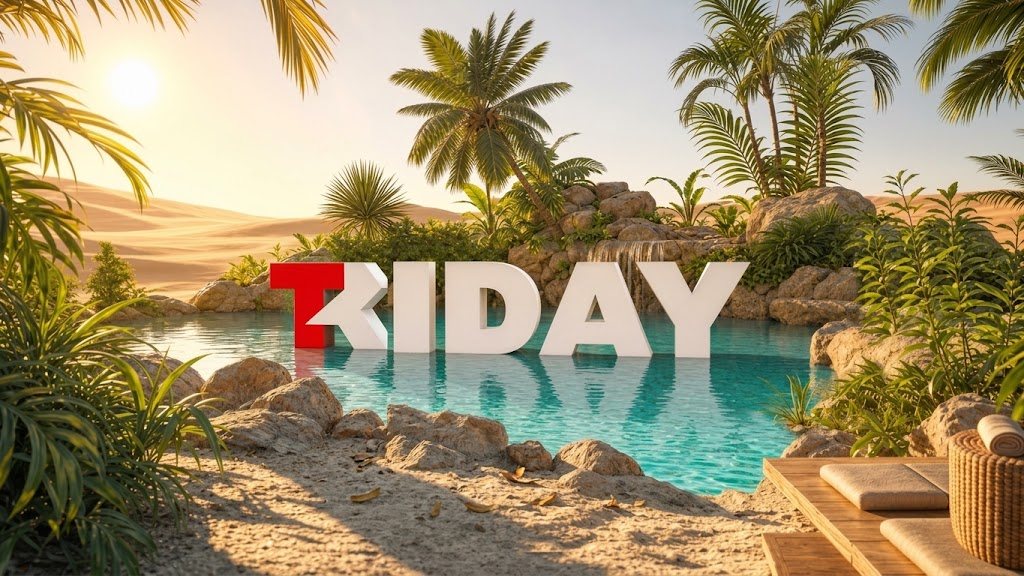 Объёмная надпись FRIDAY с фирменной красной F посреди тропической лагуны — визуал TRIDAY «Фитнес-клуб как оазис»